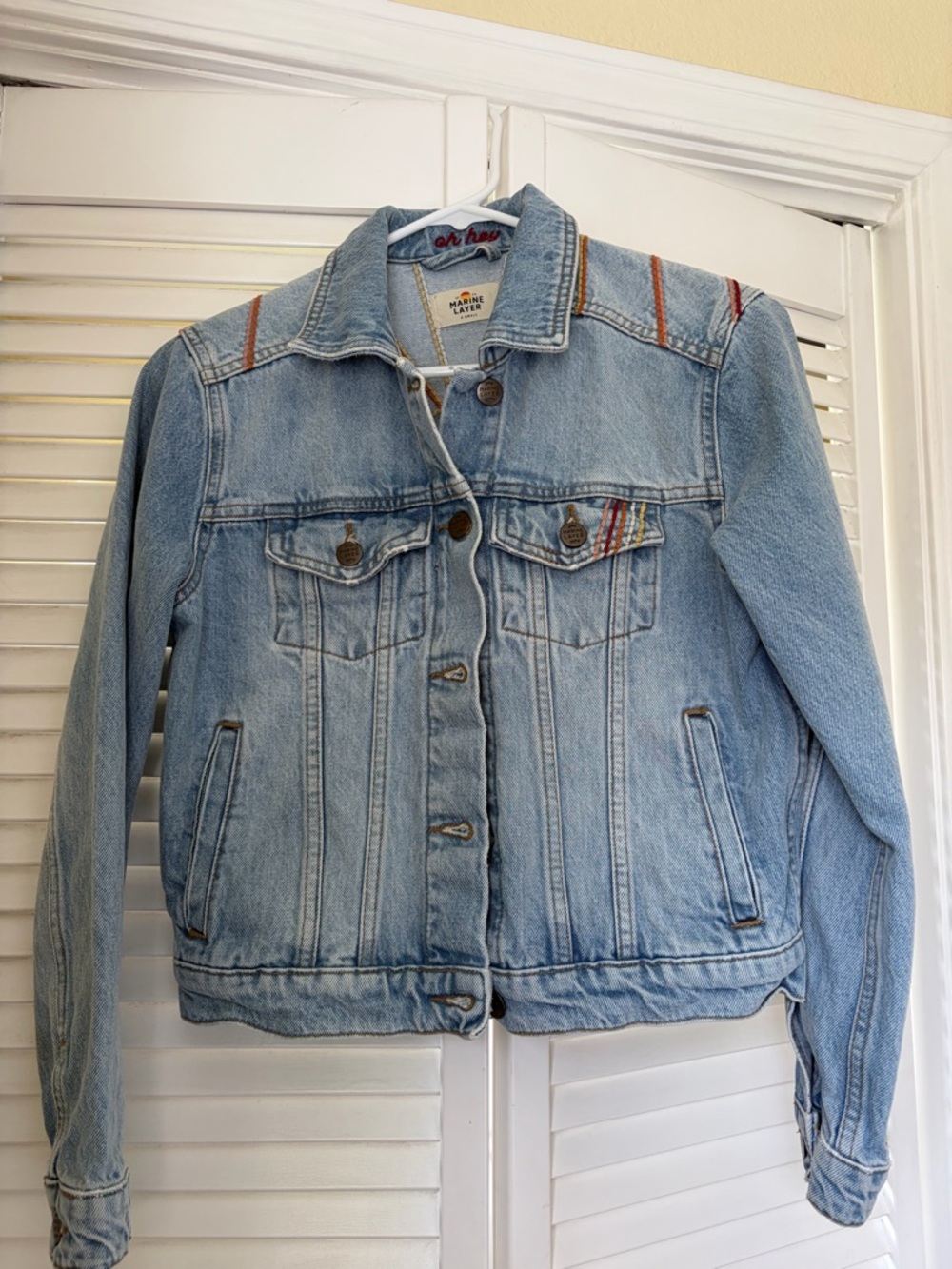 Marine Layer women’s XS Denim Jacket with Red and Orange Stripe Detail